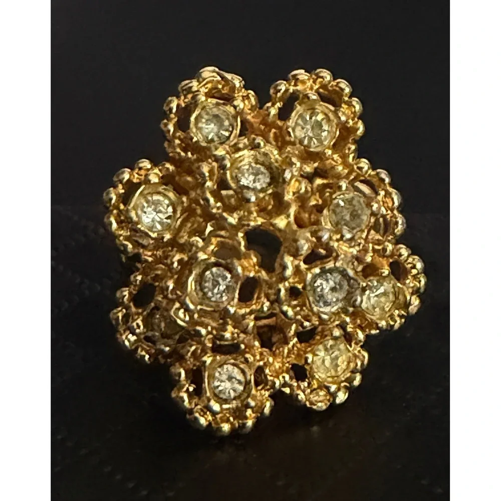 Vintage Ring Brutalist Cluster Rhinestone Gold Plated